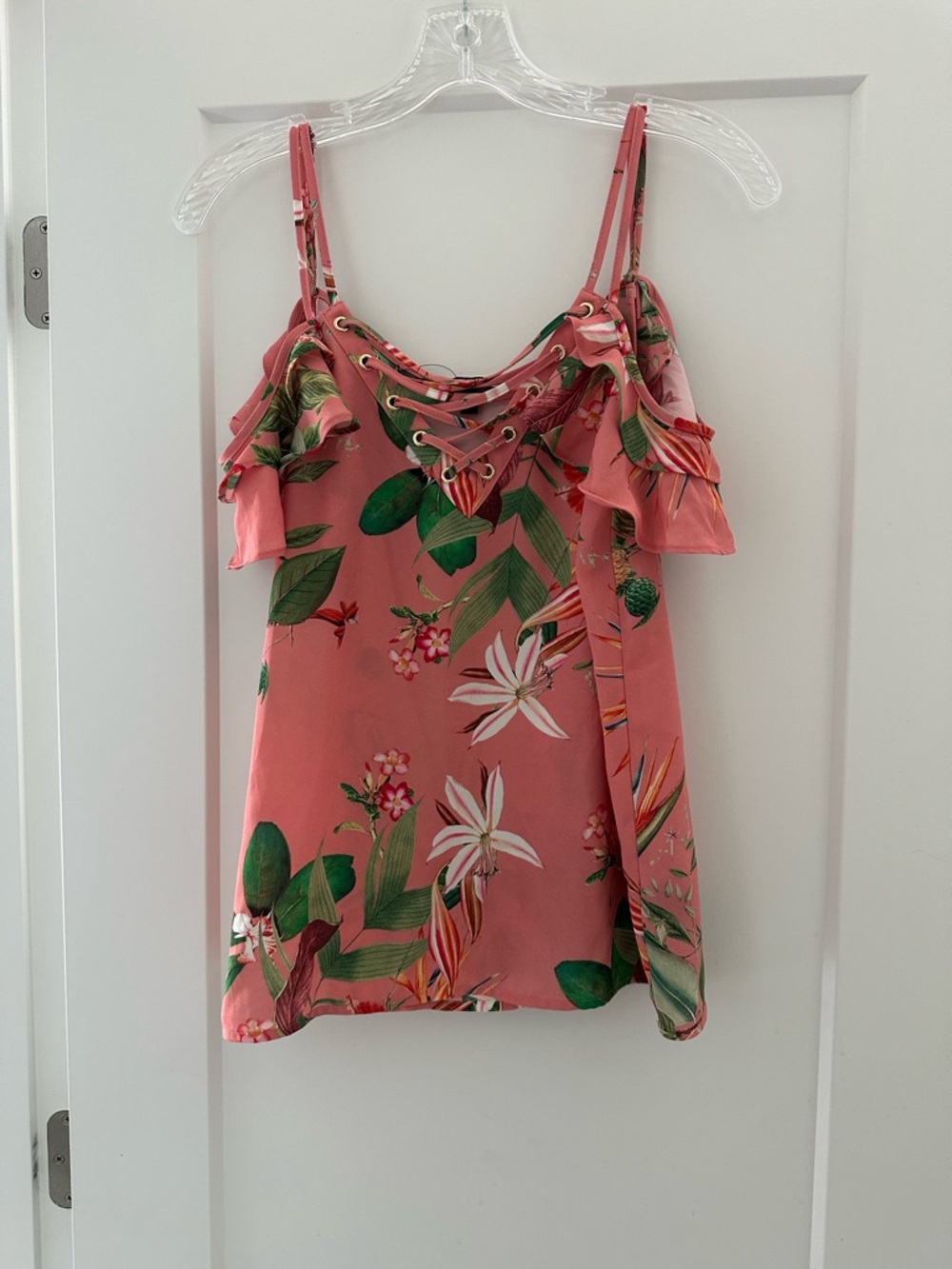 Express Floral Lace-Up Camisole in Coral Pink